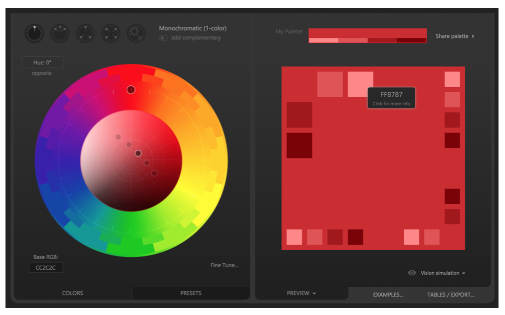 Using Paletton to generate a full palette from the red shade selected. There&#39;s a color wheel showing all hues on the left, and a square showing various shades of red on the right.